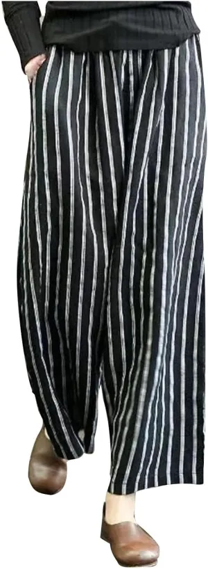 Womens Linen Pants Summer High Waist Striped Wide Leg Palazzo Boho Casual Lightweight Beach Trousers with Pockets