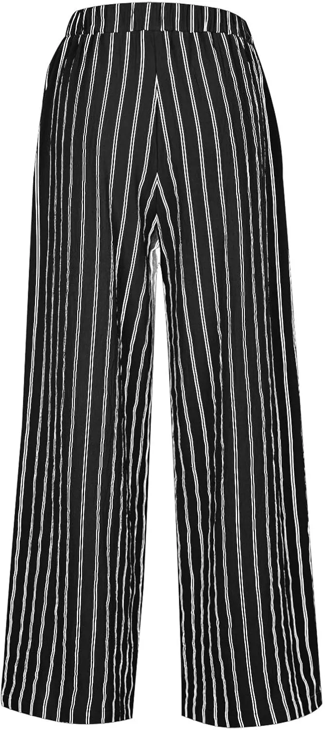 Womens Linen Pants Summer High Waist Striped Wide Leg Palazzo Boho Casual Lightweight Beach Trousers with Pockets