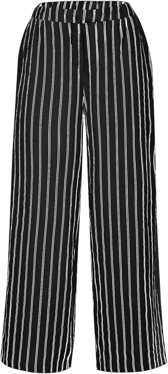 Womens Linen Pants Summer High Waist Striped Wide Leg Palazzo Boho Casual Lightweight Beach Trousers with Pockets