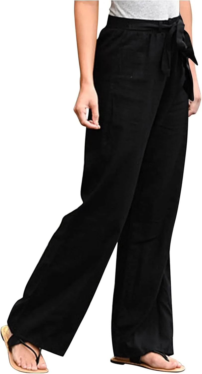Women's Linen Summer Drawstring Palazzo Pants Elastic Waist Wide Leg Slim-Fit Pant Trousers Beach
