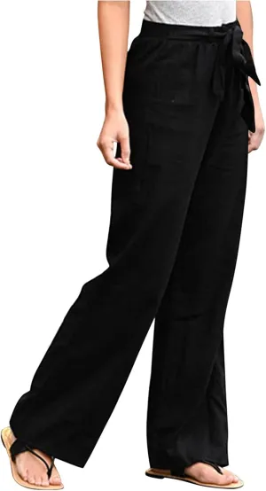 Women's Linen Summer Drawstring Palazzo Pants Elastic Waist Wide Leg Slim-Fit Pant Trousers Beach