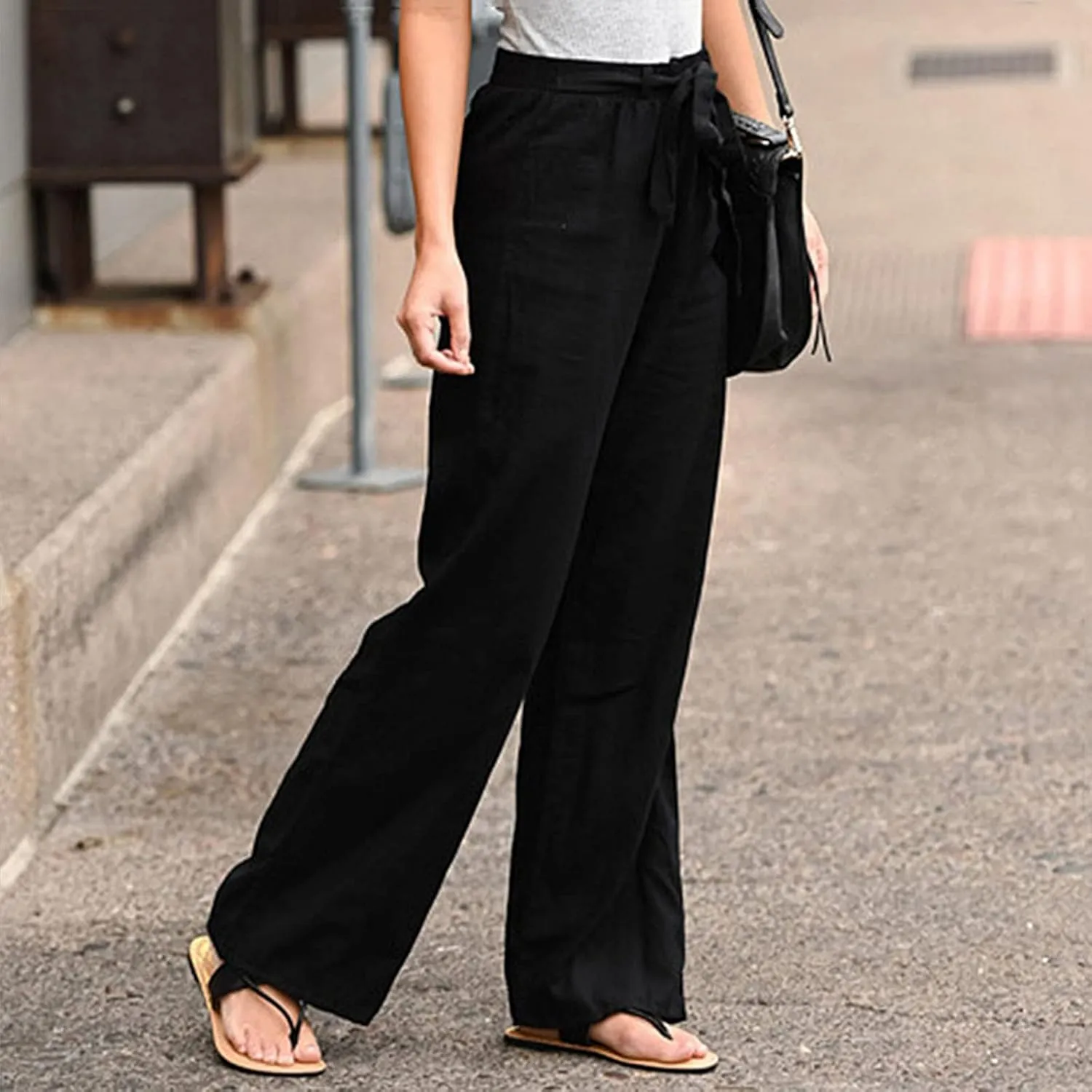 Women's Linen Summer Drawstring Palazzo Pants Elastic Waist Wide Leg Slim-Fit Pant Trousers Beach