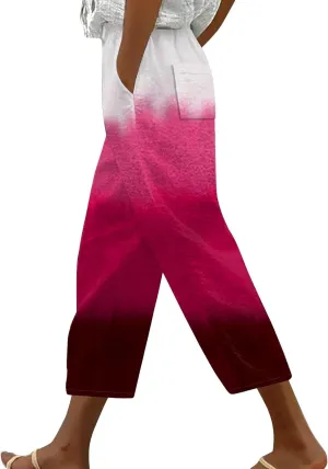 Women's Linen Summer Palazzo Pants Linen Elastic Seven Pants Beach Casual Pants Linen Loose Drawstring Elastic Waist