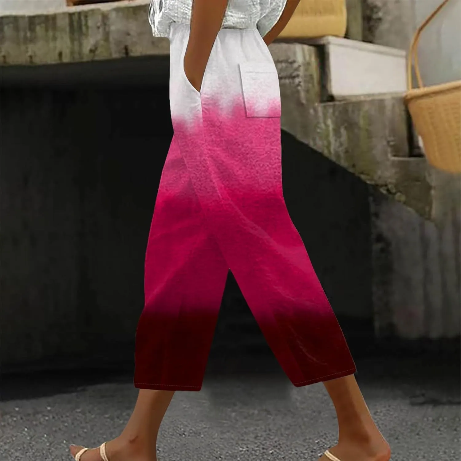 Women's Linen Summer Palazzo Pants Linen Elastic Seven Pants Beach Casual Pants Linen Loose Drawstring Elastic Waist