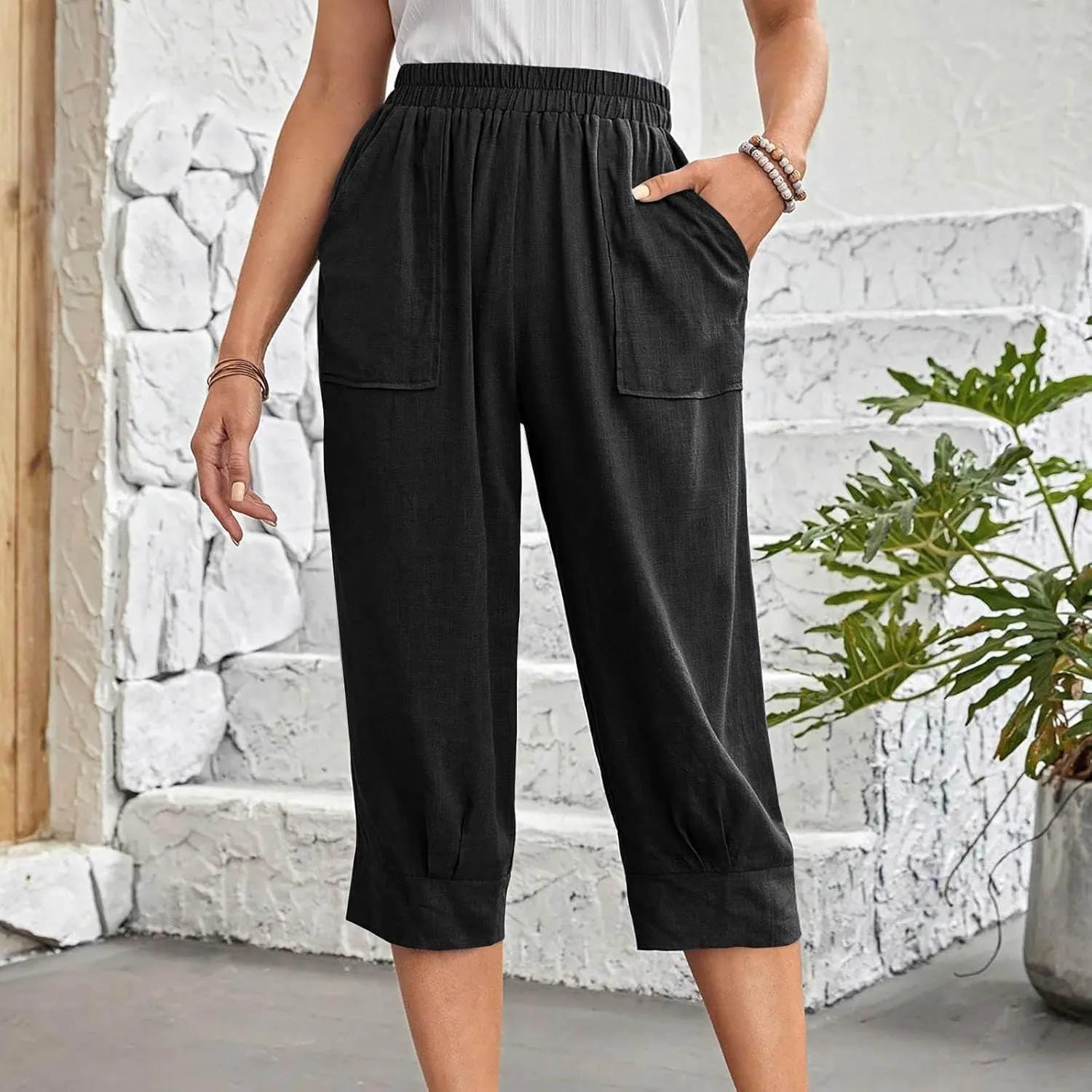 Women's Linen Wide Leg Capri Pants Casual Summer High Waist Flowy Baggy Comfy Straight Leg Yoga Lounge Trousers Beach