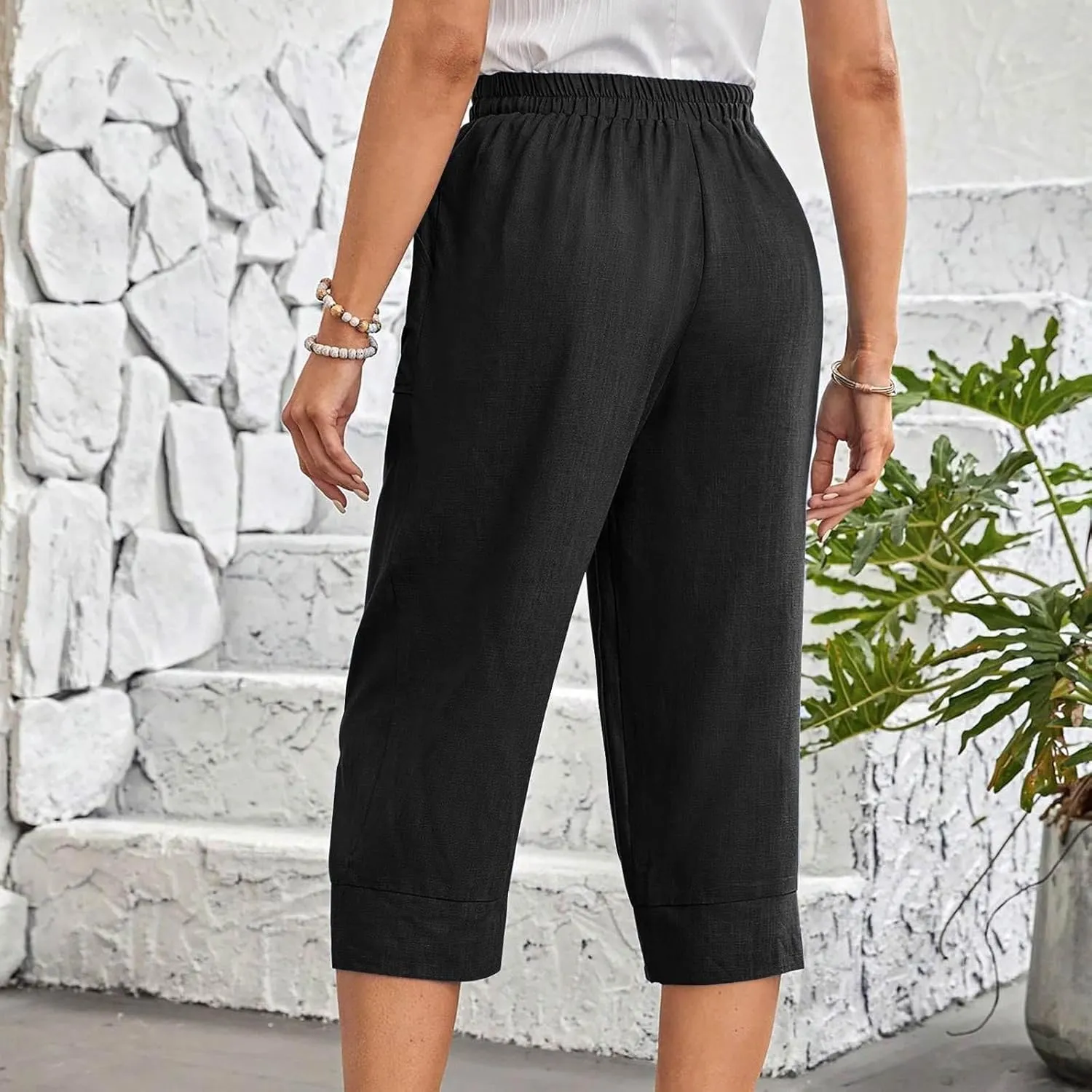 Women's Linen Wide Leg Capri Pants Casual Summer High Waist Flowy Baggy Comfy Straight Leg Yoga Lounge Trousers Beach
