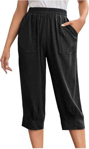 Women's Linen Wide Leg Capri Pants Casual Summer High Waist Flowy Baggy Comfy Straight Leg Yoga Lounge Trousers Beach
