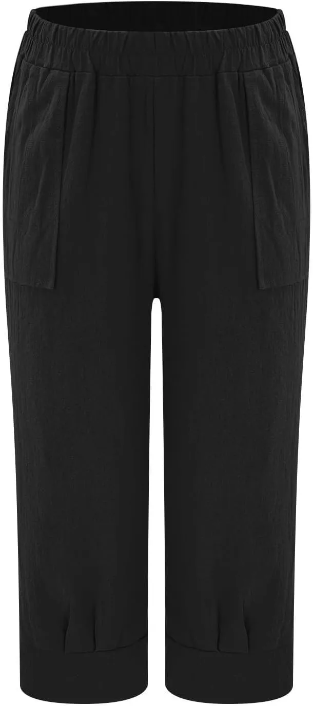 Women's Linen Wide Leg Capri Pants Casual Summer High Waist Flowy Baggy Comfy Straight Leg Yoga Lounge Trousers Beach