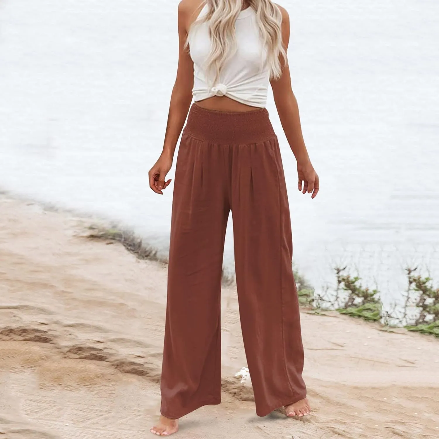 Women's Linen Wide Leg Pants Cotton Elastic High Waisted Palazzo Trousers Summer 2024 Casual Loose Straight Wide Leg Pants
