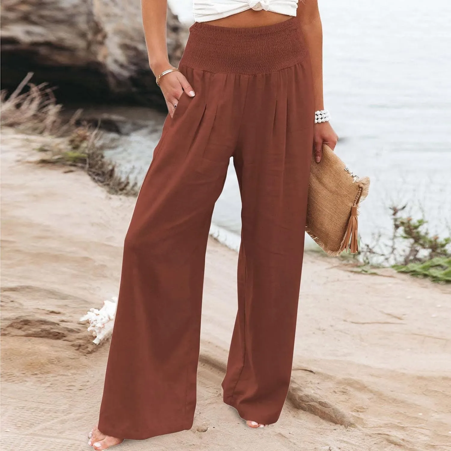 Women's Linen Wide Leg Pants Cotton Elastic High Waisted Palazzo Trousers Summer 2024 Casual Loose Straight Wide Leg Pants