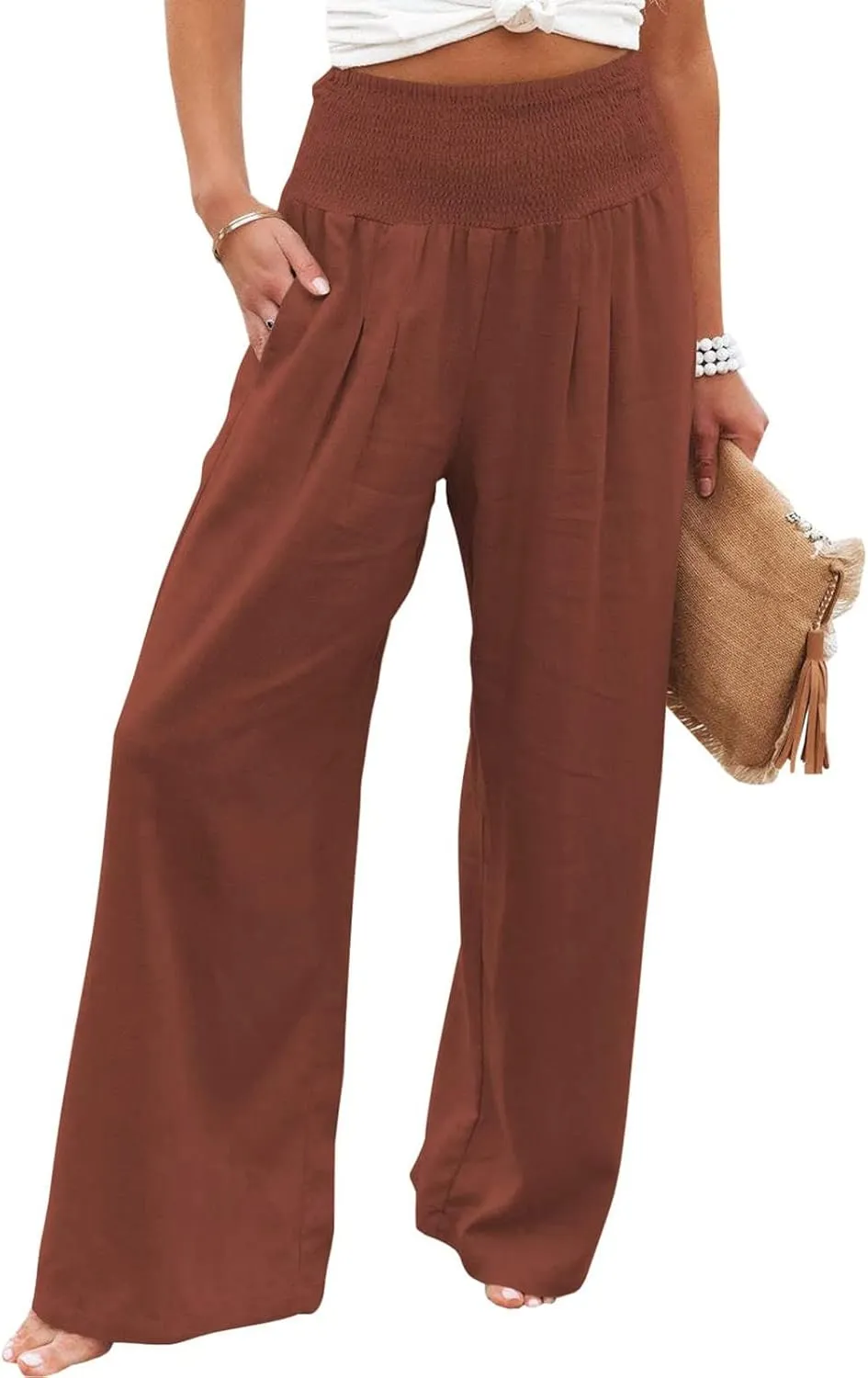 Women's Linen Wide Leg Pants Cotton Elastic High Waisted Palazzo Trousers Summer 2024 Casual Loose Straight Wide Leg Pants