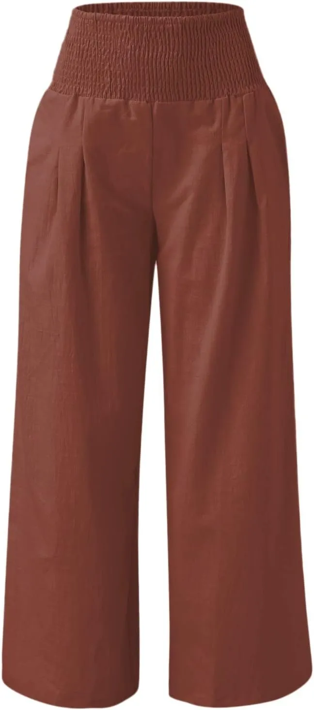 Women's Linen Wide Leg Pants Cotton Elastic High Waisted Palazzo Trousers Summer 2024 Casual Loose Straight Wide Leg Pants