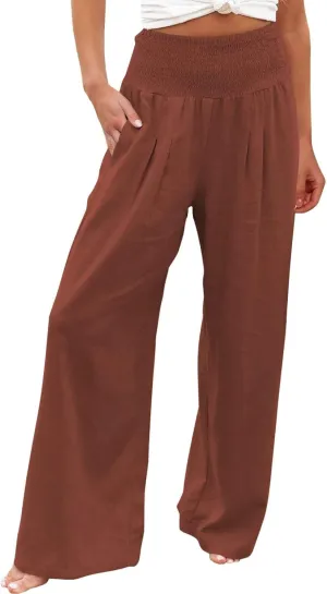 Women's Linen Wide Leg Pants Cotton Elastic High Waisted Palazzo Trousers Summer 2024 Casual Loose Straight Wide Leg Pants