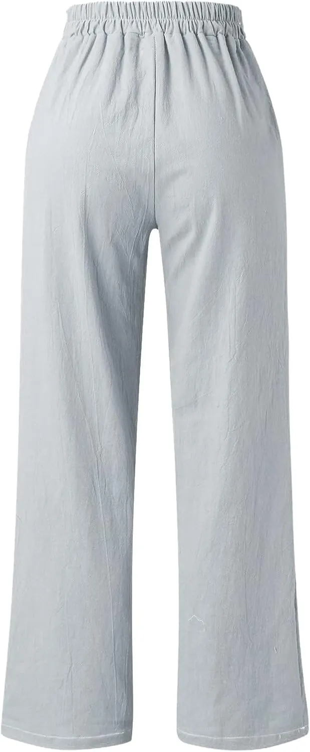 Women's Linen Wide Leg Pants High Waist Casual Long Lounge Adjustable Tie Business Casual Tie Knot Trousers Plus Size