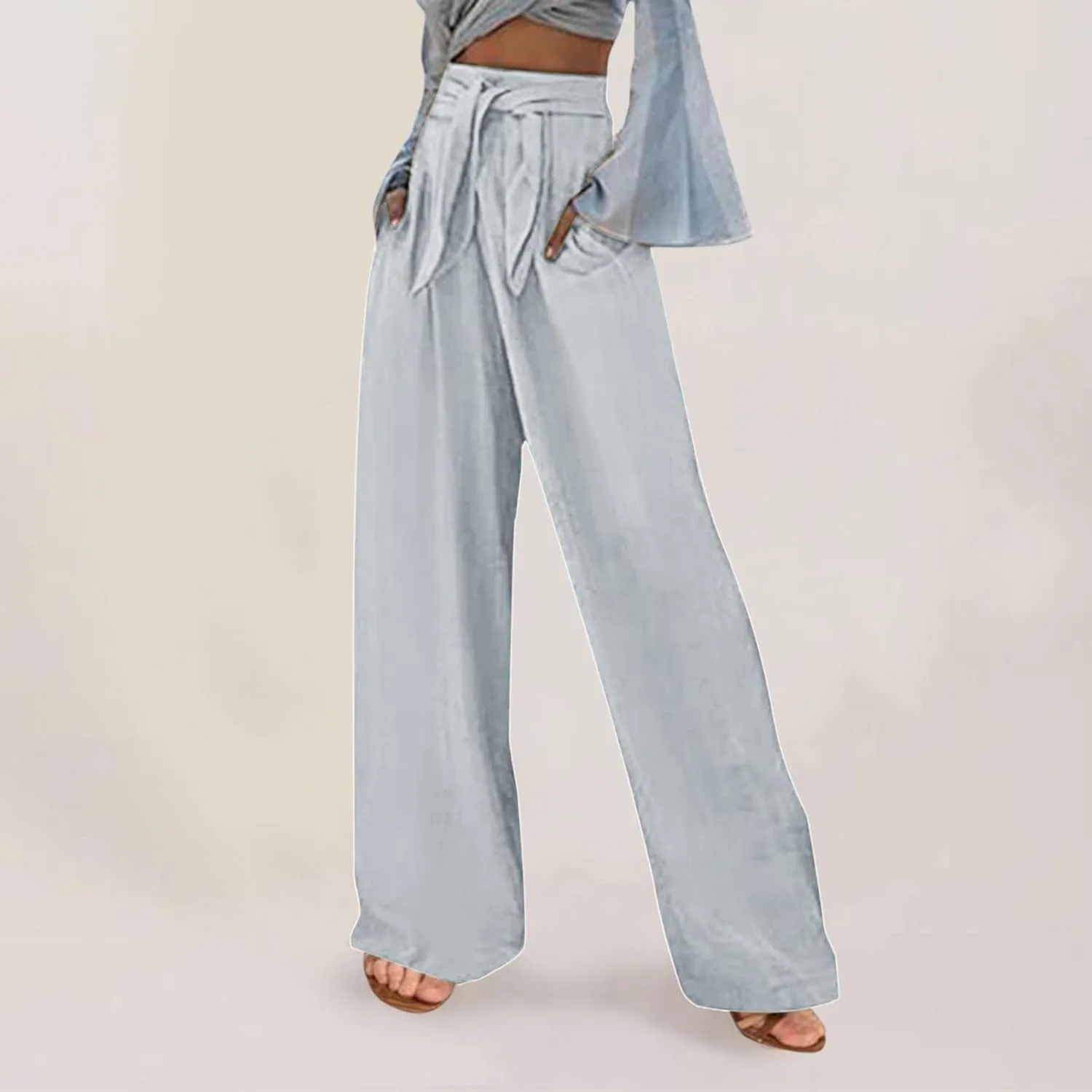 Women's Linen Wide Leg Pants High Waist Casual Long Lounge Adjustable Tie Business Casual Tie Knot Trousers Plus Size