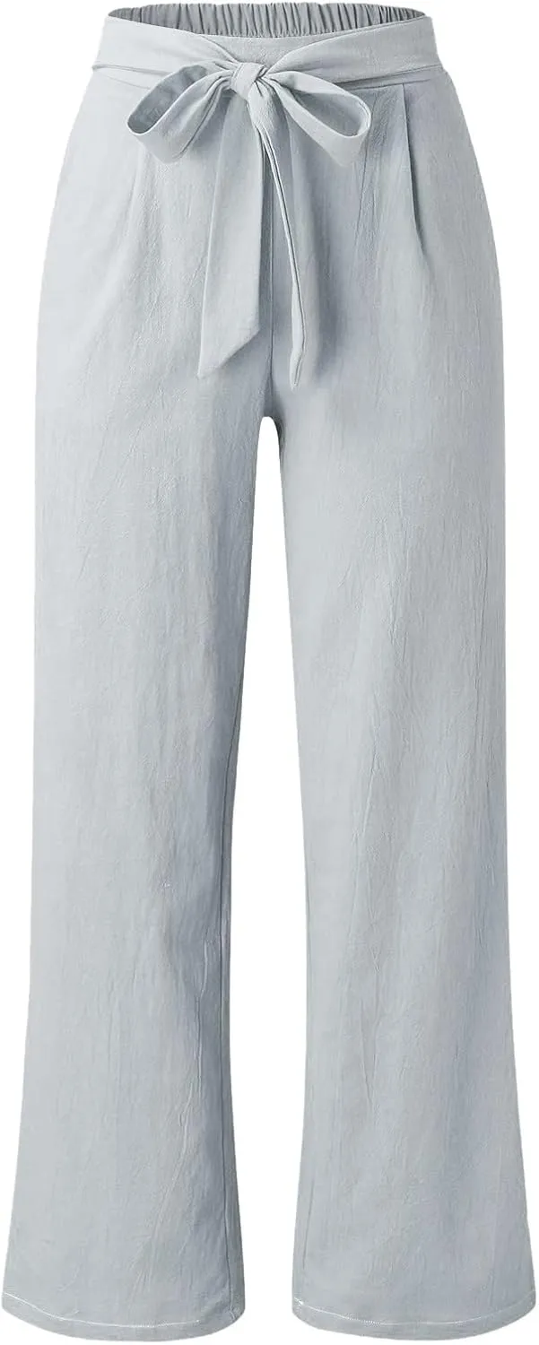Women's Linen Wide Leg Pants High Waist Casual Long Lounge Adjustable Tie Business Casual Tie Knot Trousers Plus Size