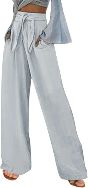 Women's Linen Wide Leg Pants High Waist Casual Long Lounge Adjustable Tie Business Casual Tie Knot Trousers Plus Size
