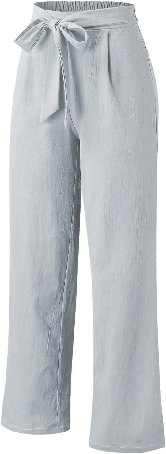 Women's Linen Wide Leg Pants High Waist Casual Long Lounge Adjustable Tie Business Casual Tie Knot Trousers Plus Size