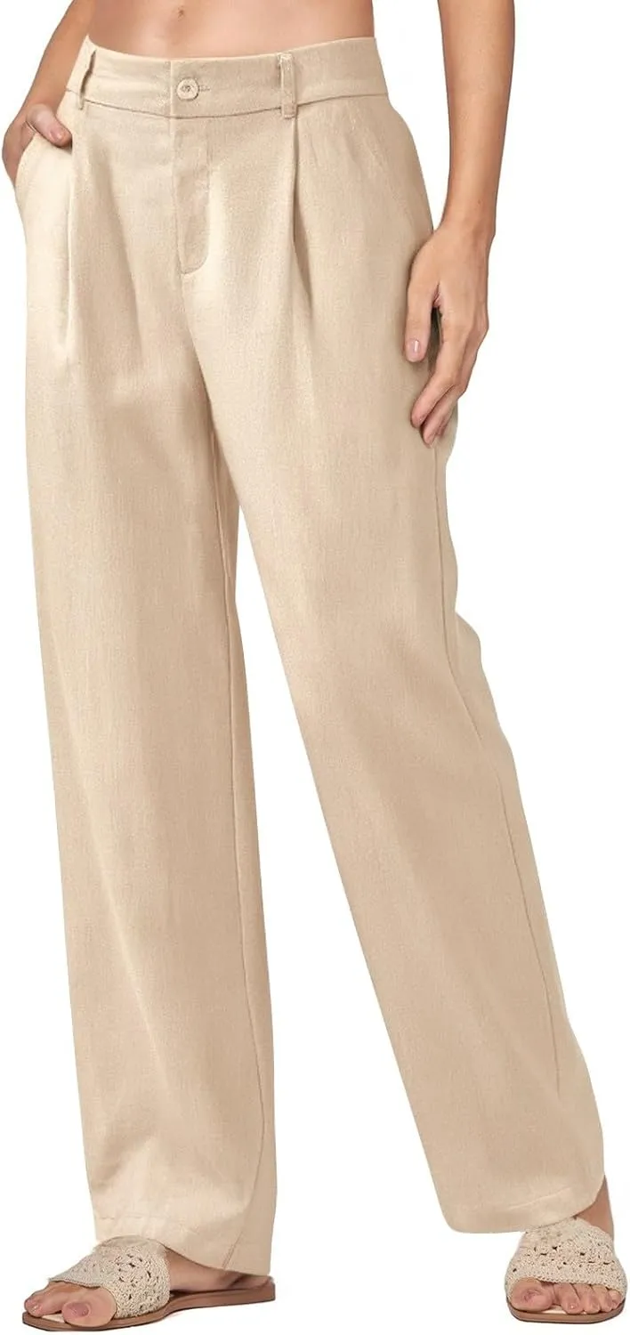 Women's Linen Wide Leg Work Pants with Casual Loose Fit Dressy Fashion Details