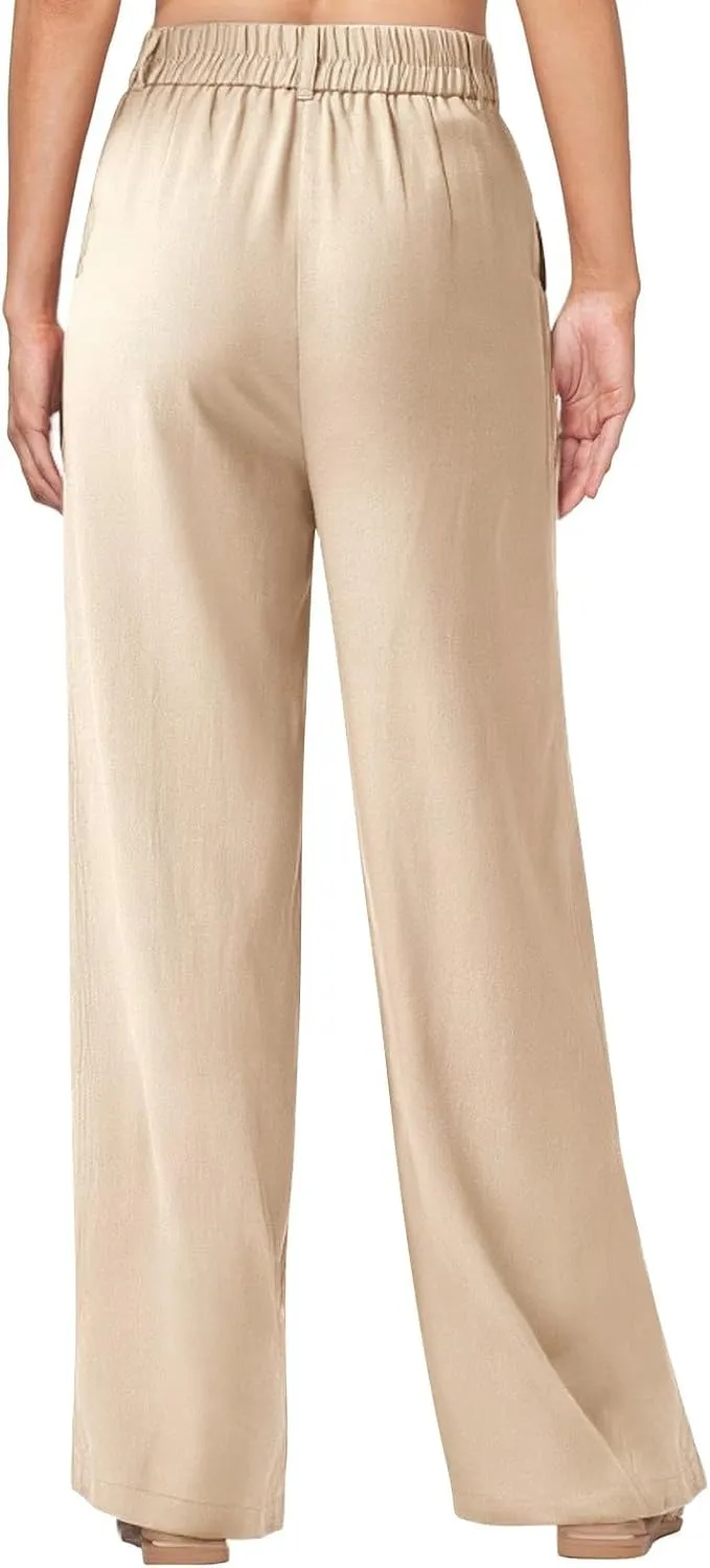 Women's Linen Wide Leg Work Pants with Casual Loose Fit Dressy Fashion Details