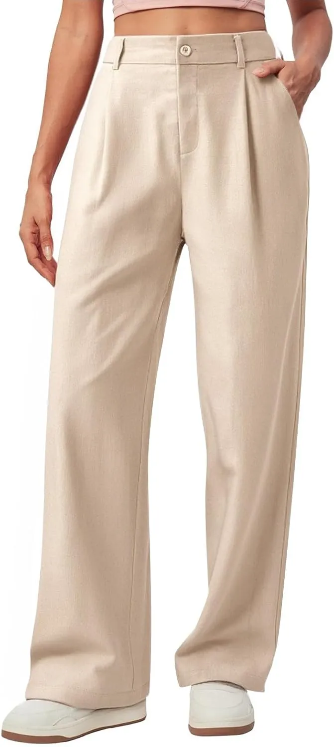 Women's Linen Wide Leg Work Pants with Casual Loose Fit Dressy Fashion Details