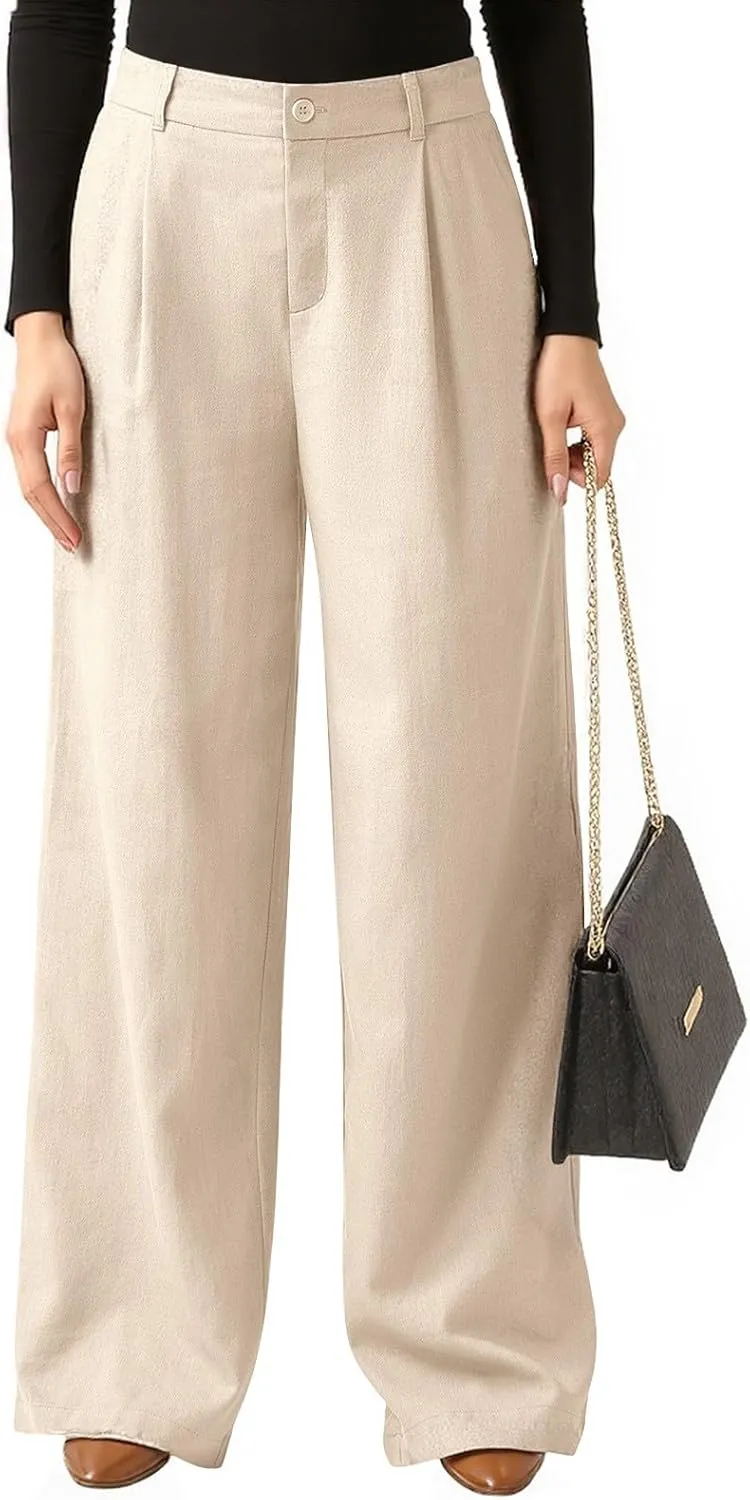 Women's Linen Wide Leg Work Pants with Casual Loose Fit Dressy Fashion Details