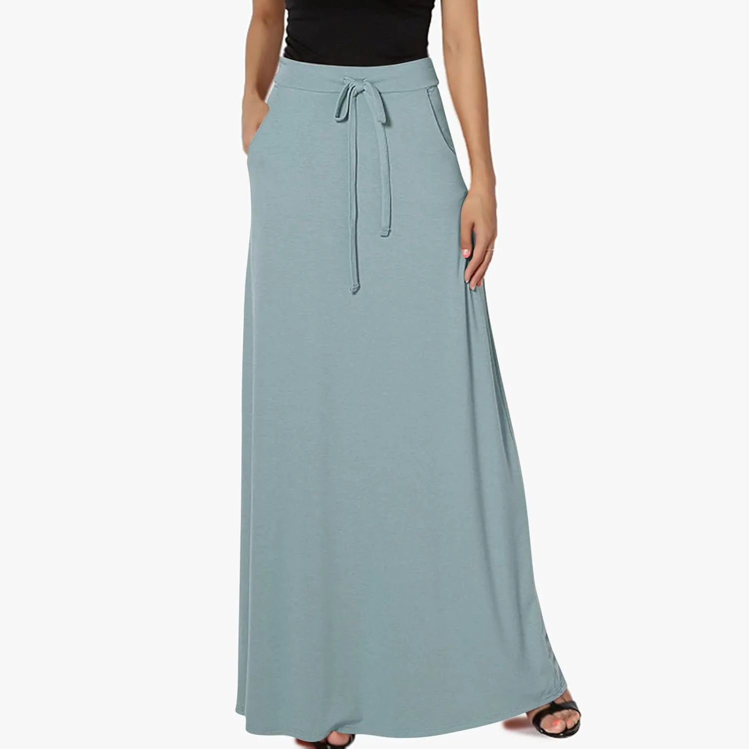 Womens Maxi Skirt Elastic Basic Solid Tie Dye Foldable High Waisted Midi Length Plus Size A-Line Skirts with Pockets