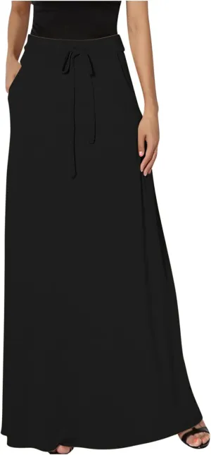 Womens Maxi Skirt Elastic Basic Solid Tie Dye Foldable High Waisted Midi Length Plus Size A-Line Skirts with Pockets