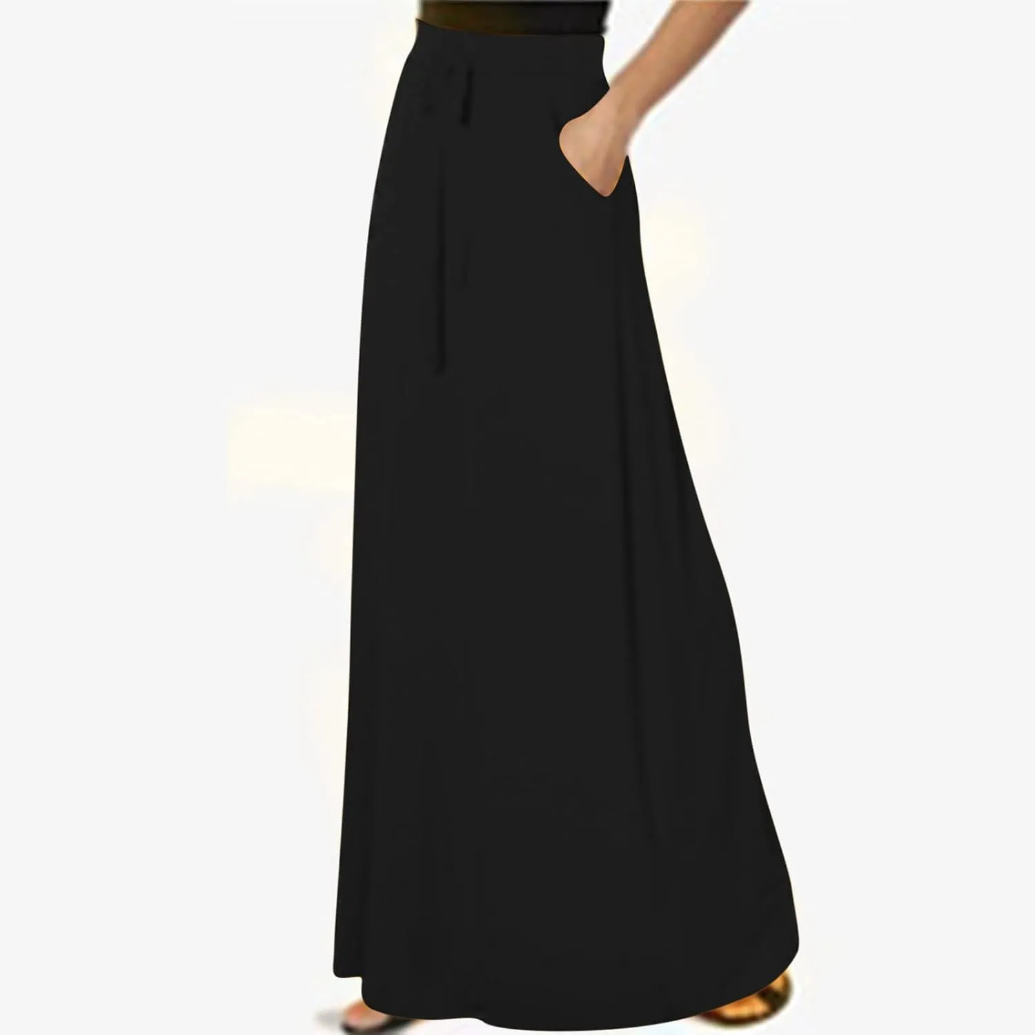 Womens Maxi Skirt Elastic Basic Solid Tie Dye Foldable High Waisted Midi Length Plus Size A-Line Skirts with Pockets
