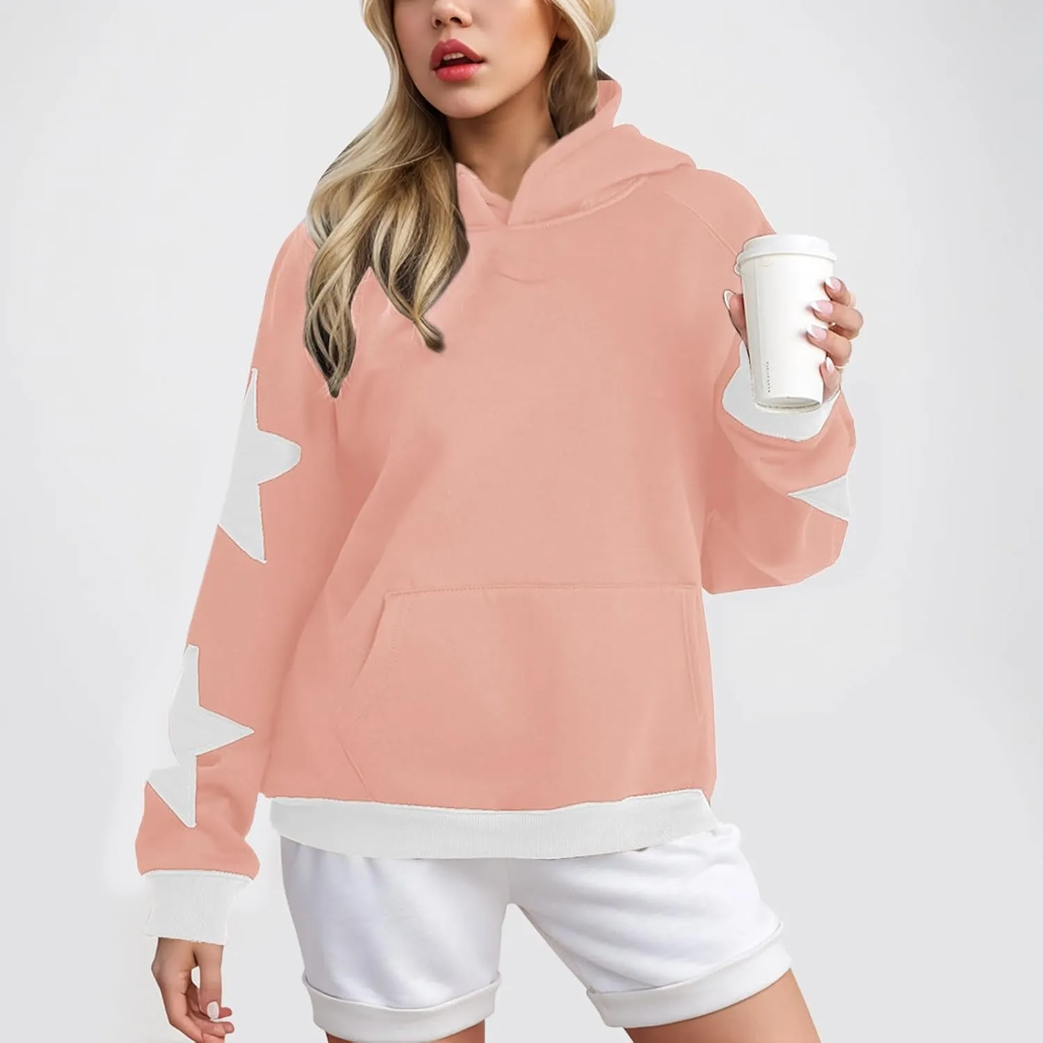 Womens Oversized Hoodies Fleece Sweatshirts Long Sleeve with Star Pullover with Pocket Fall Winter Outfits Y2k Clothes