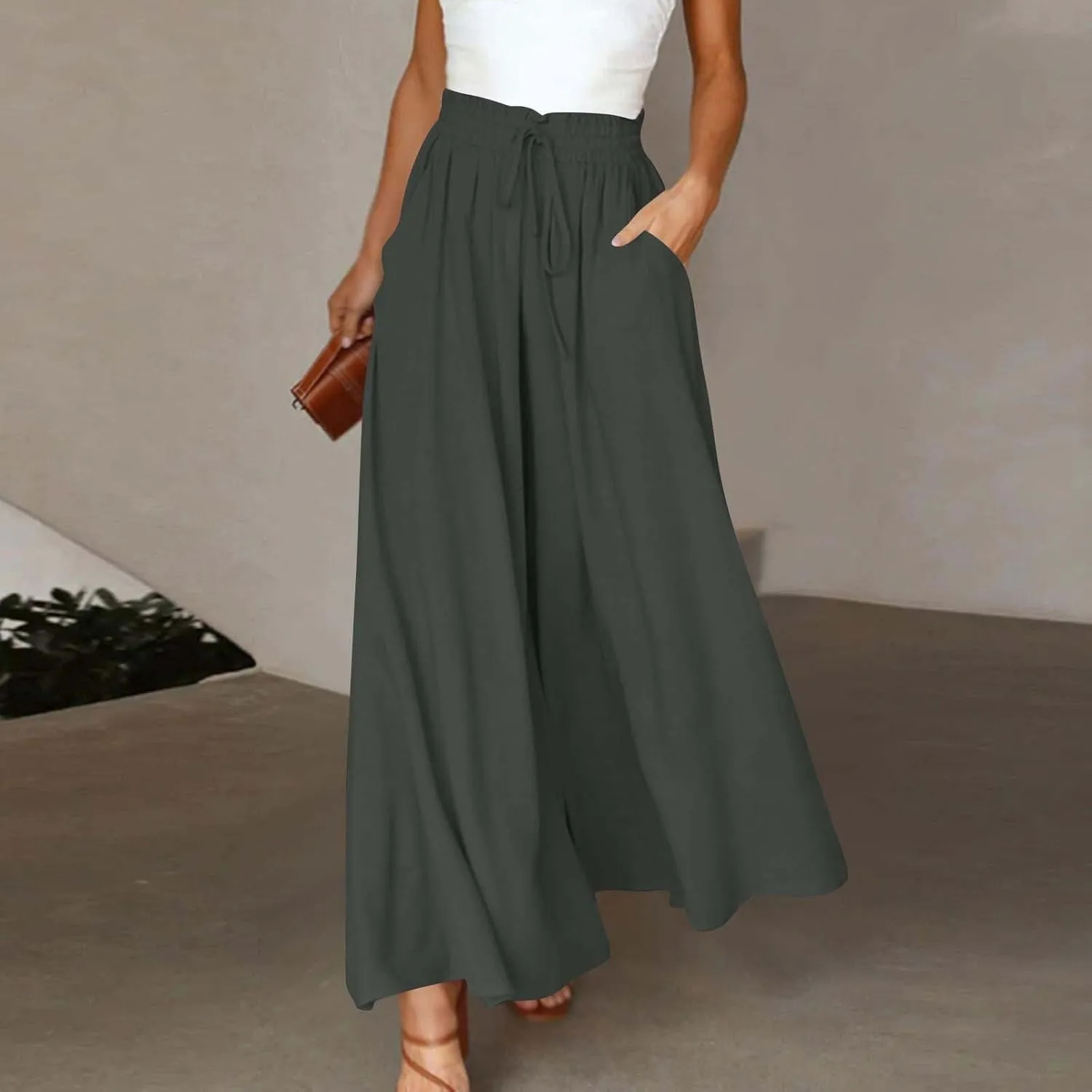 Womens Palazzo Pants Wide Leg Elastic Waisted Chiffon Baggy Flowy Long Lounge Trousers Beach Vacation Pant with Pockets