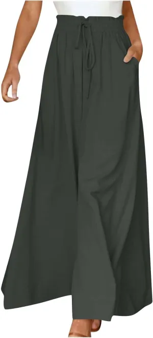 Womens Palazzo Pants Wide Leg Elastic Waisted Chiffon Baggy Flowy Long Lounge Trousers Beach Vacation Pant with Pockets