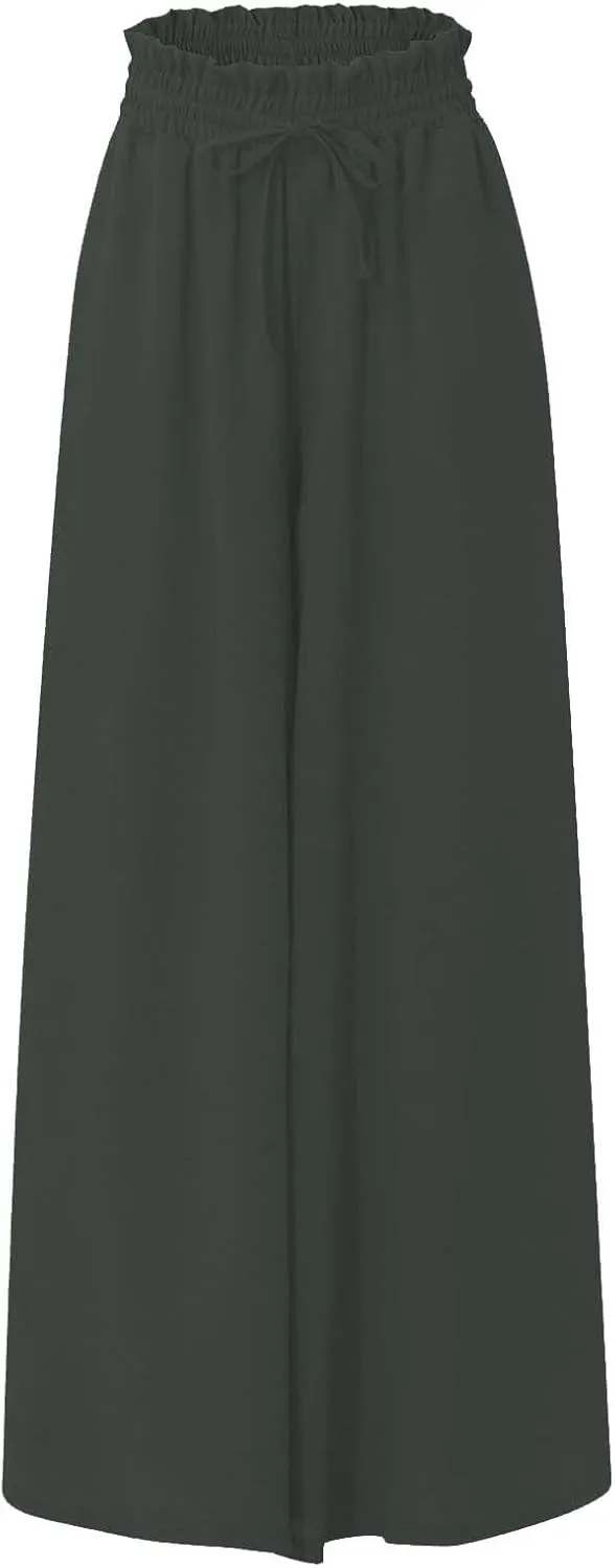 Womens Palazzo Pants Wide Leg Elastic Waisted Chiffon Baggy Flowy Long Lounge Trousers Beach Vacation Pant with Pockets