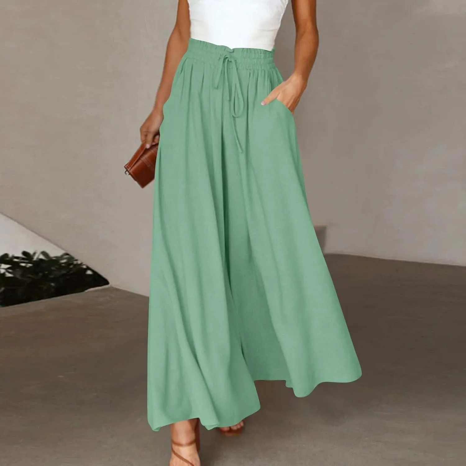 Womens Palazzo Pants Wide Leg Elastic Waisted Chiffon Baggy Flowy Long Lounge Trousers Beach Vacation Pant with Pockets