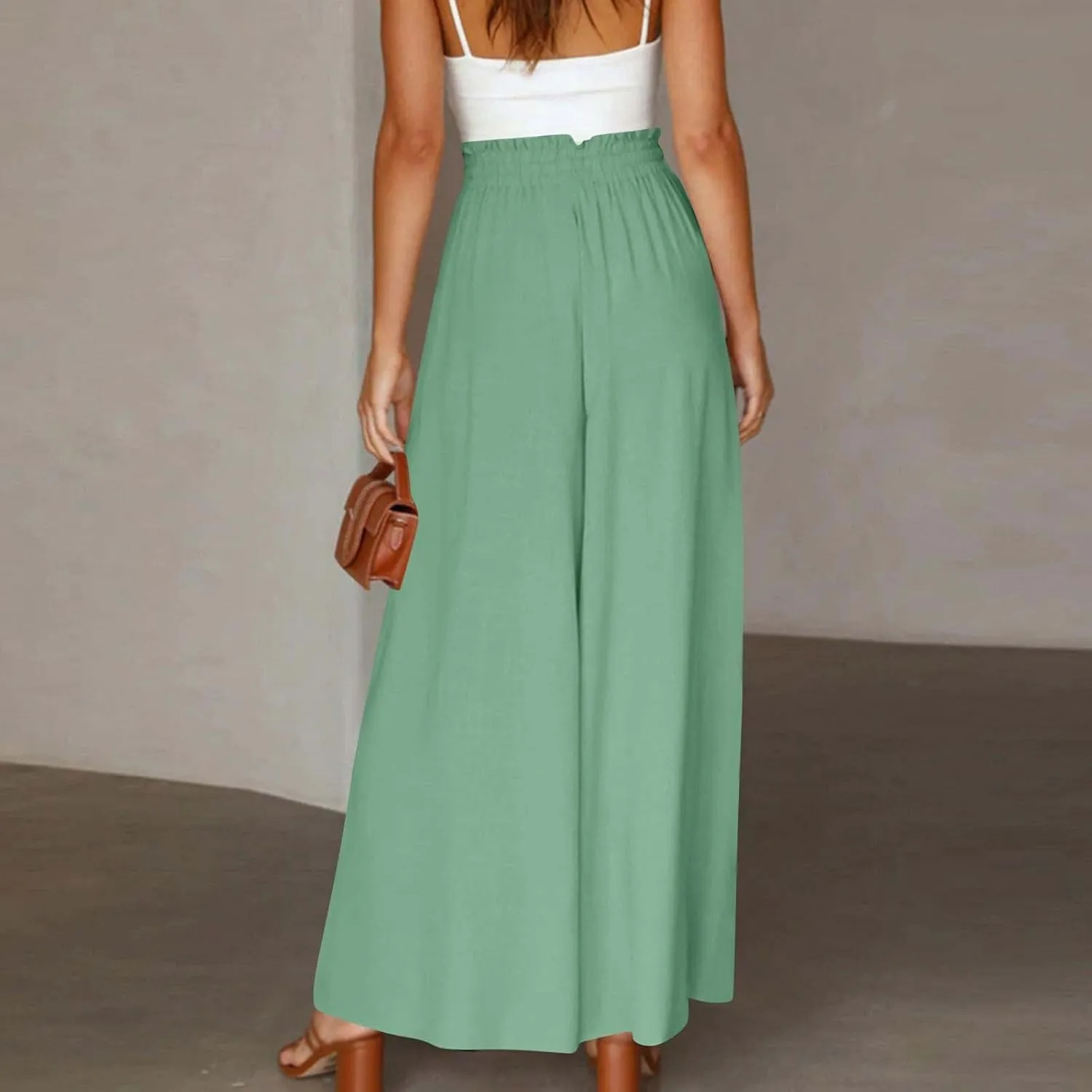 Womens Palazzo Pants Wide Leg Elastic Waisted Chiffon Baggy Flowy Long Lounge Trousers Beach Vacation Pant with Pockets
