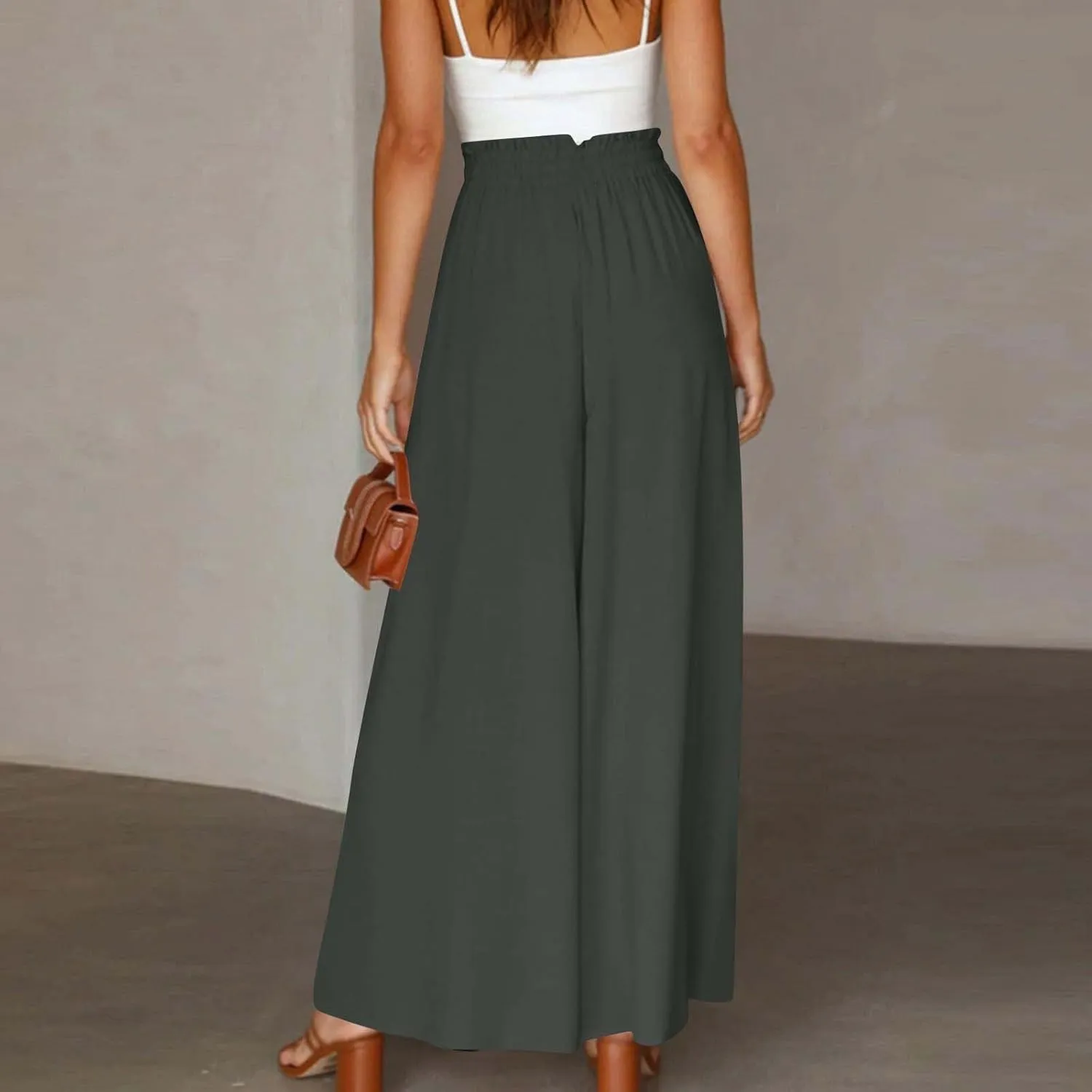 Womens Palazzo Pants Wide Leg Elastic Waisted Chiffon Baggy Flowy Long Lounge Trousers Beach Vacation Pant with Pockets