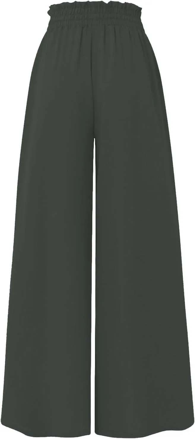 Womens Palazzo Pants Wide Leg Elastic Waisted Chiffon Baggy Flowy Long Lounge Trousers Beach Vacation Pant with Pockets