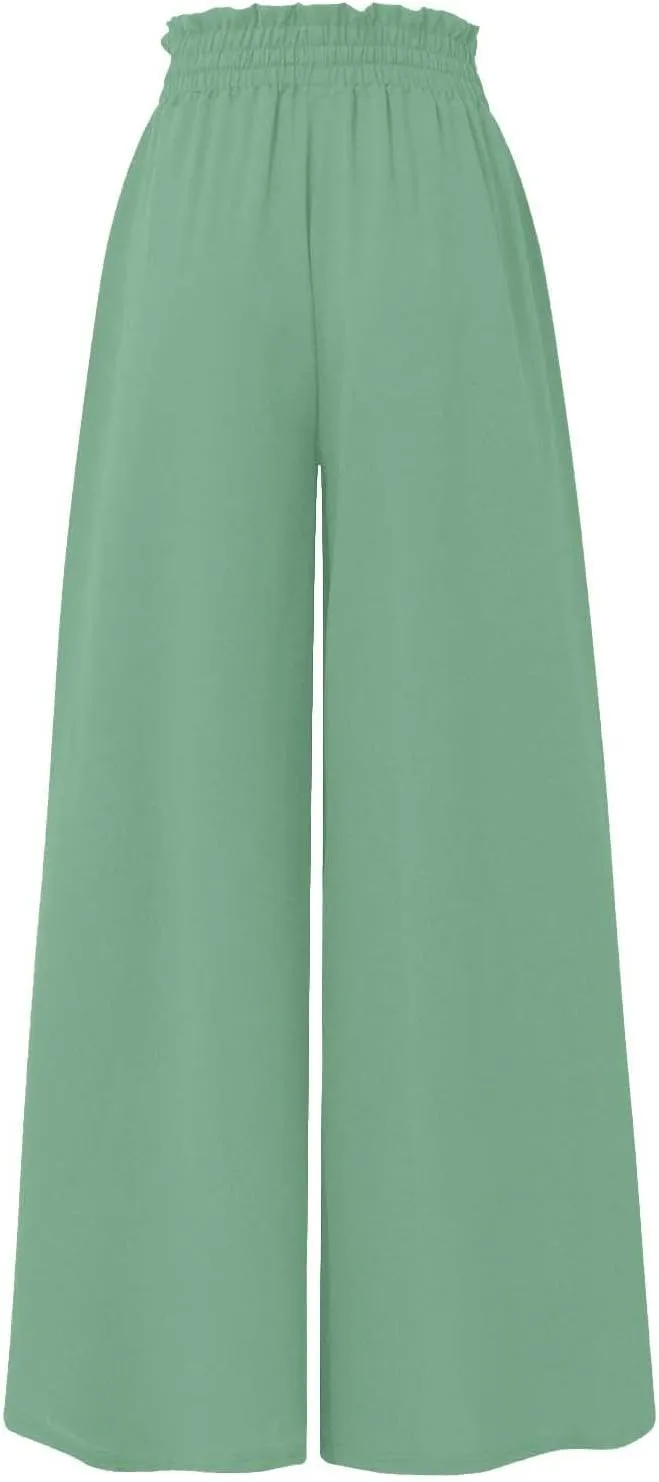 Womens Palazzo Pants Wide Leg Elastic Waisted Chiffon Baggy Flowy Long Lounge Trousers Beach Vacation Pant with Pockets