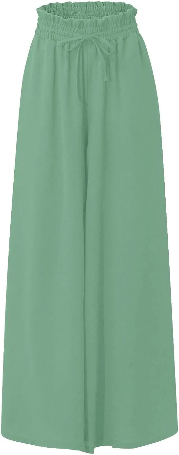 Womens Palazzo Pants Wide Leg Elastic Waisted Chiffon Baggy Flowy Long Lounge Trousers Beach Vacation Pant with Pockets