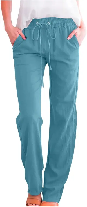 Womens Pants Dressy Casual 2024 Summer Drawstring Linen Pants Elastic Waist Trouser with Pockets Lounge Straight Pant