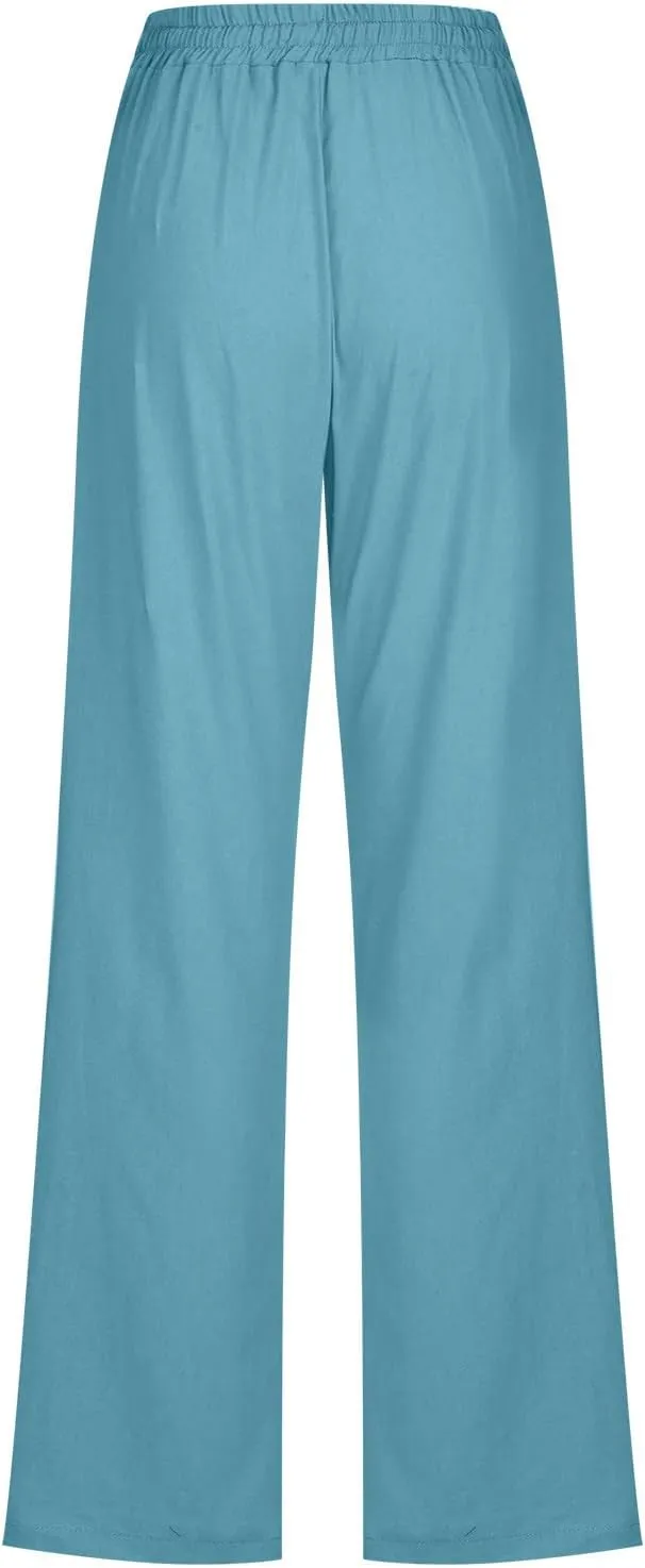 Womens Pants Dressy Casual 2024 Summer Drawstring Linen Pants Elastic Waist Trouser with Pockets Lounge Straight Pant