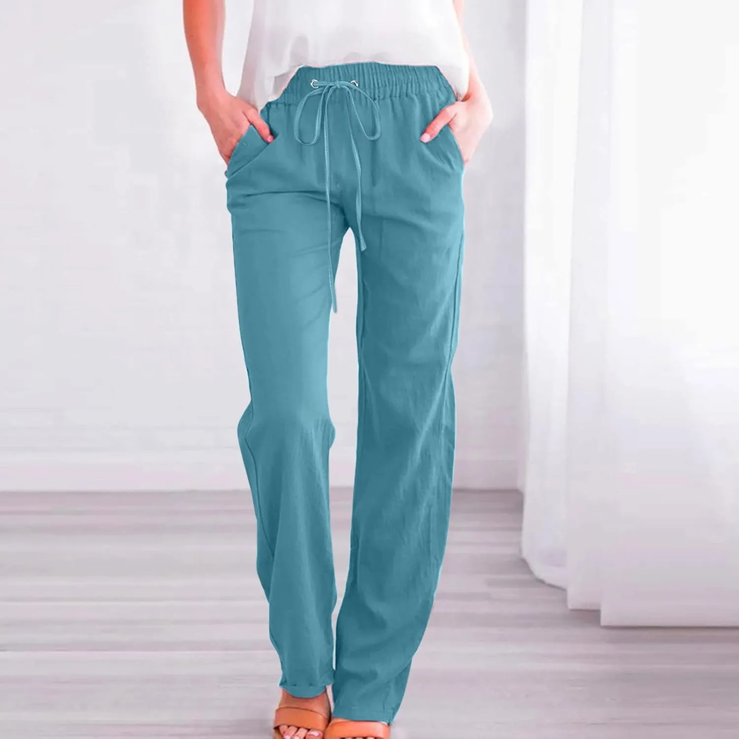 Womens Pants Dressy Casual 2024 Summer Drawstring Linen Pants Elastic Waist Trouser with Pockets Lounge Straight Pant