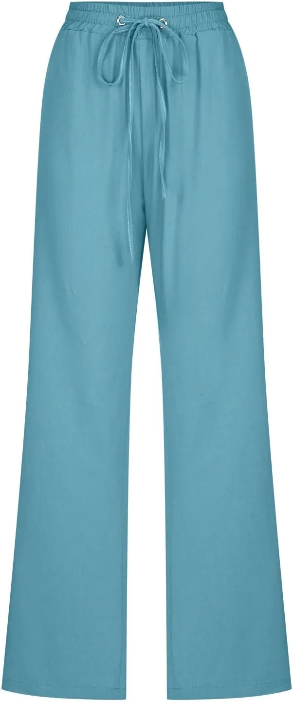Womens Pants Dressy Casual 2024 Summer Drawstring Linen Pants Elastic Waist Trouser with Pockets Lounge Straight Pant
