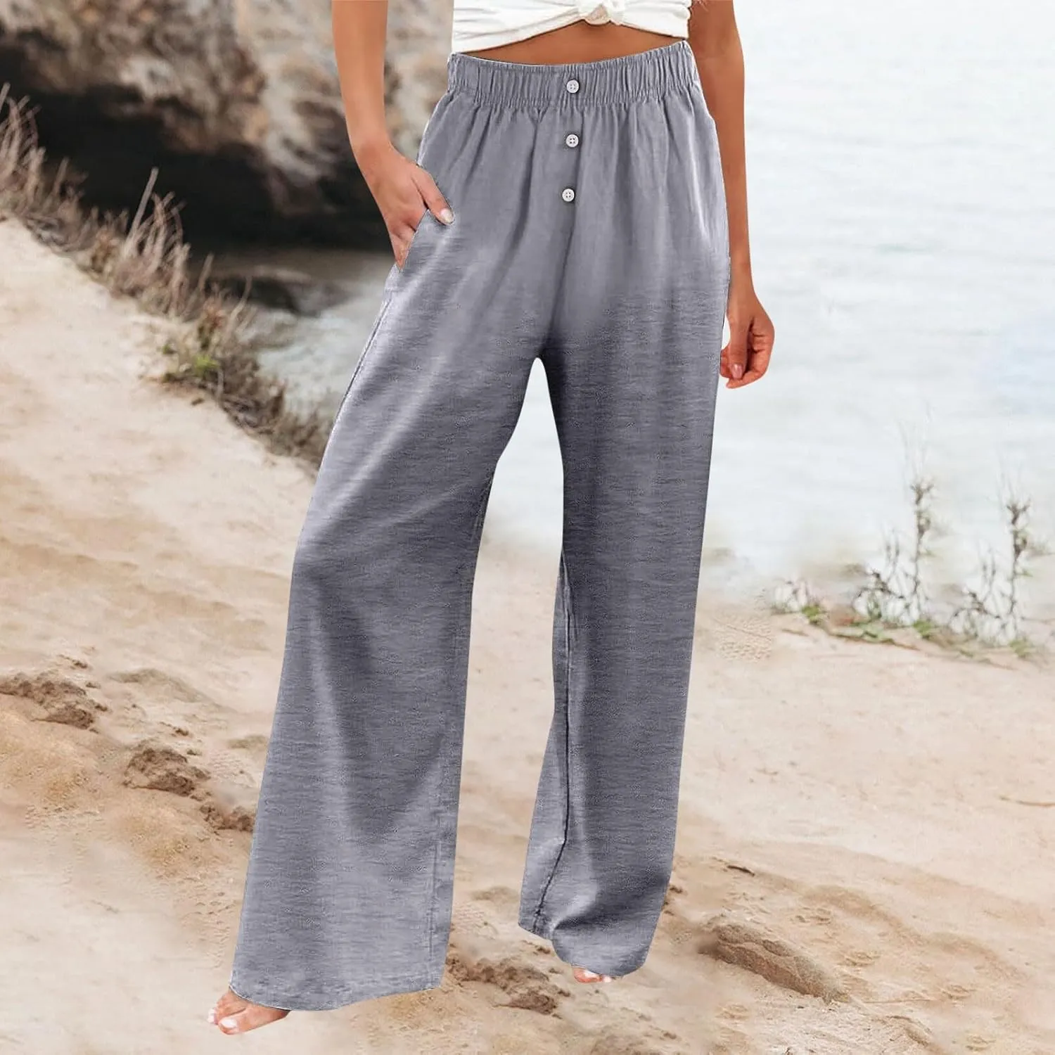 Women's Pants, High Waisted Straight Leg Linen Pants Oversized Wide Sweatpants Lounge