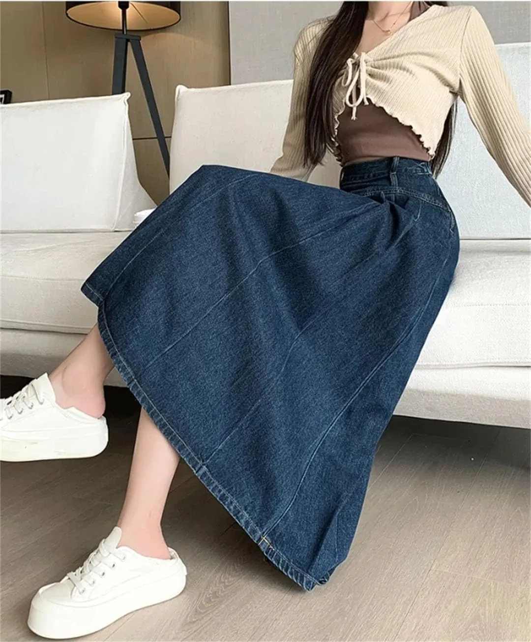 Women's Pleated Jeans Skirts High Waist A-LINE Long Loose Denim Midi Skirts