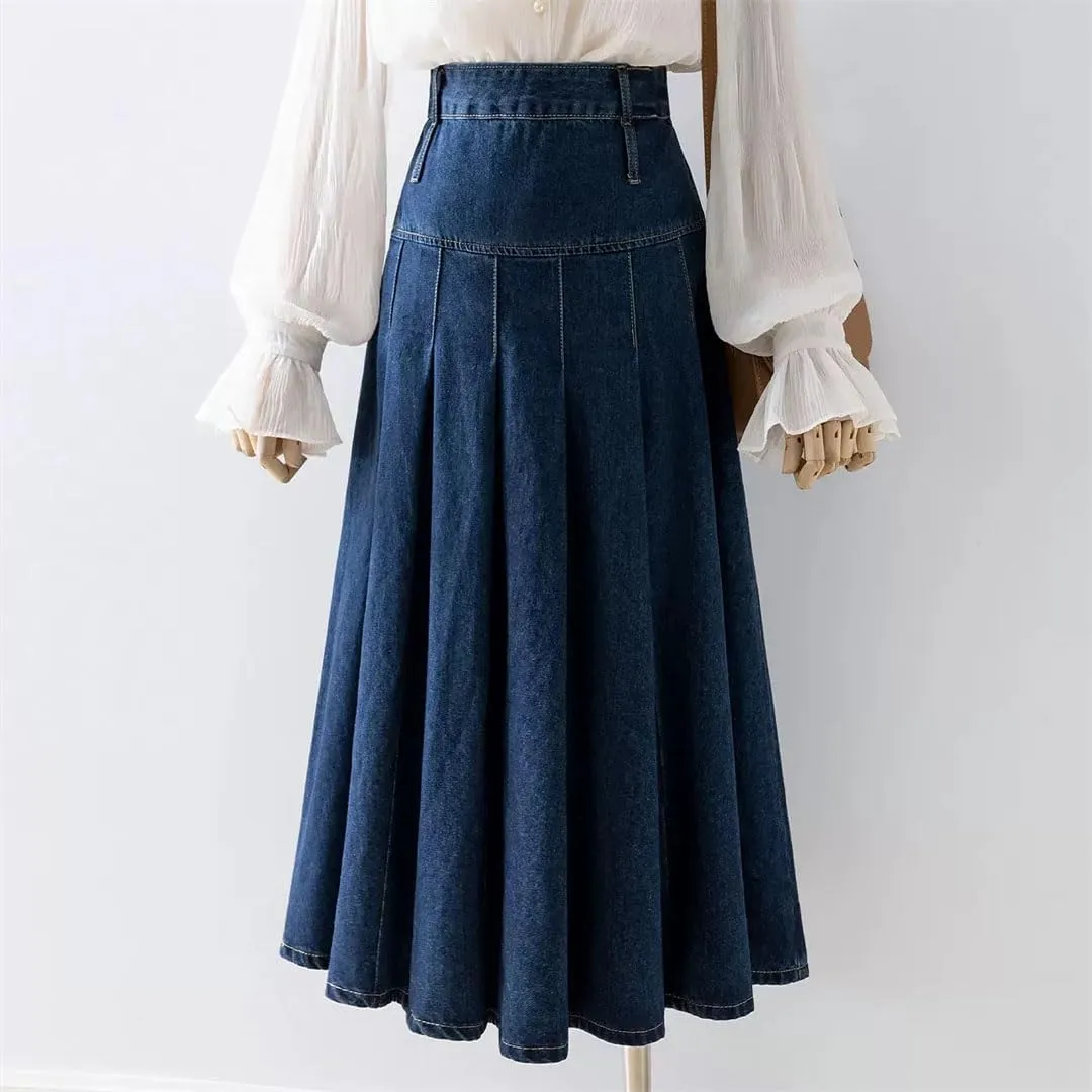Women's Pleated Jeans Skirts High Waist A-LINE Long Loose Denim Midi Skirts