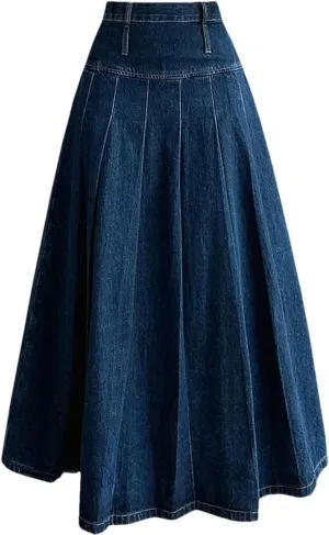 Women's Pleated Jeans Skirts High Waist A-LINE Long Loose Denim Midi Skirts