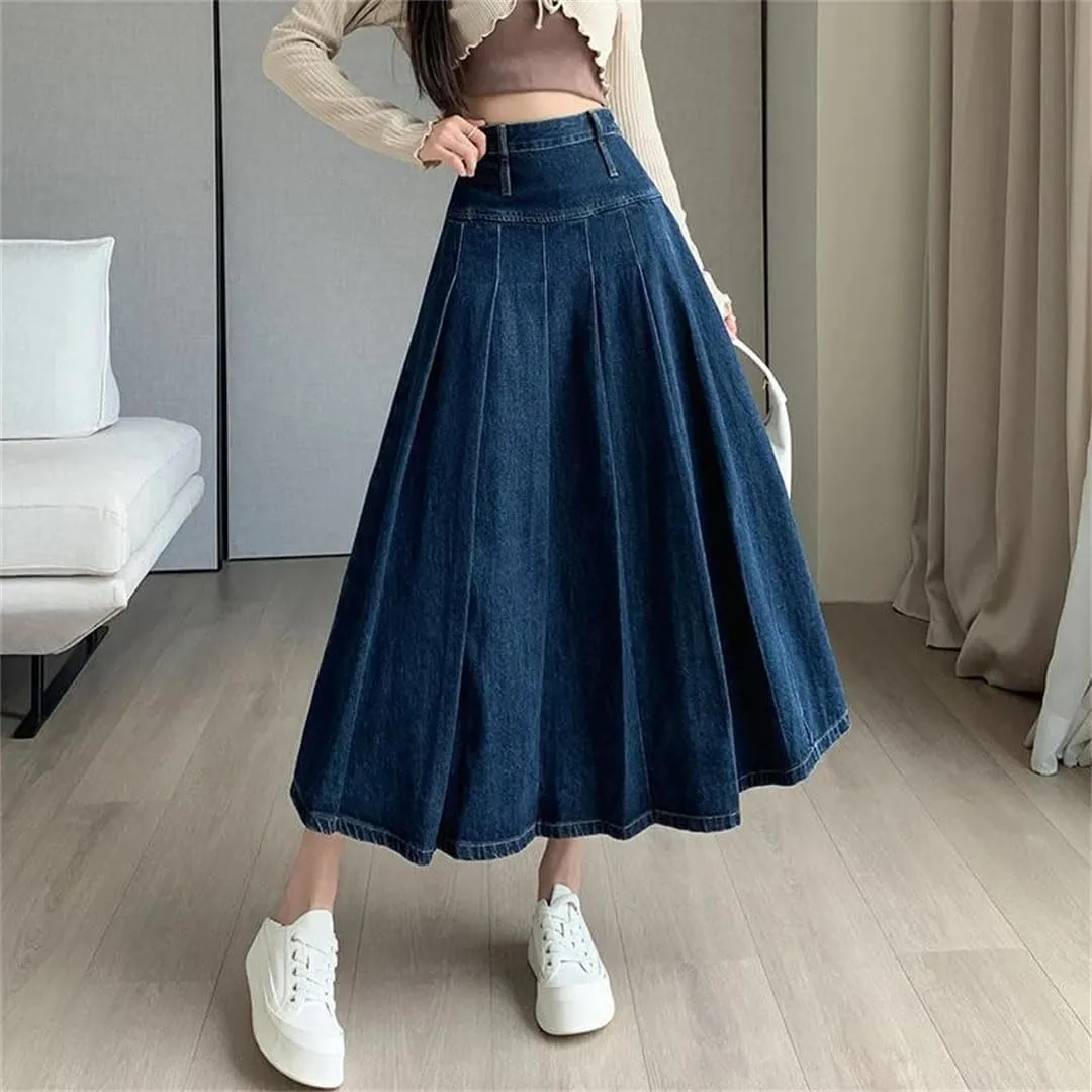 Women's Pleated Jeans Skirts High Waist A-LINE Long Loose Denim Midi Skirts
