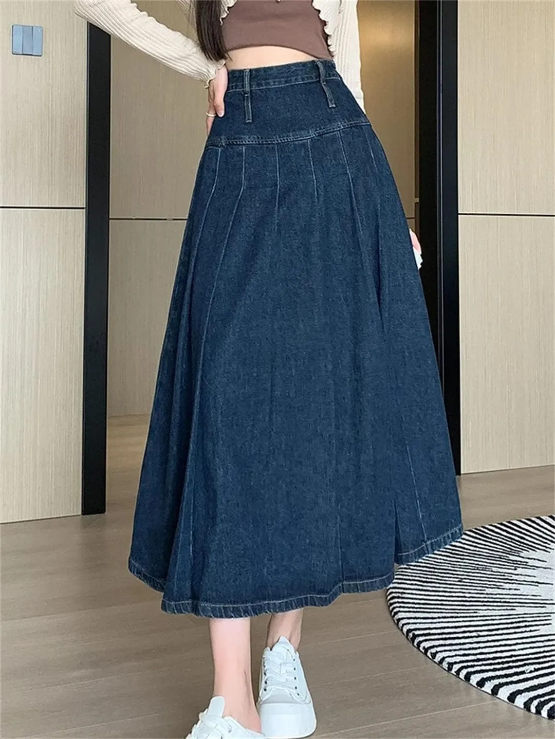 Women's Pleated Jeans Skirts High Waist A-LINE Long Loose Denim Midi Skirts