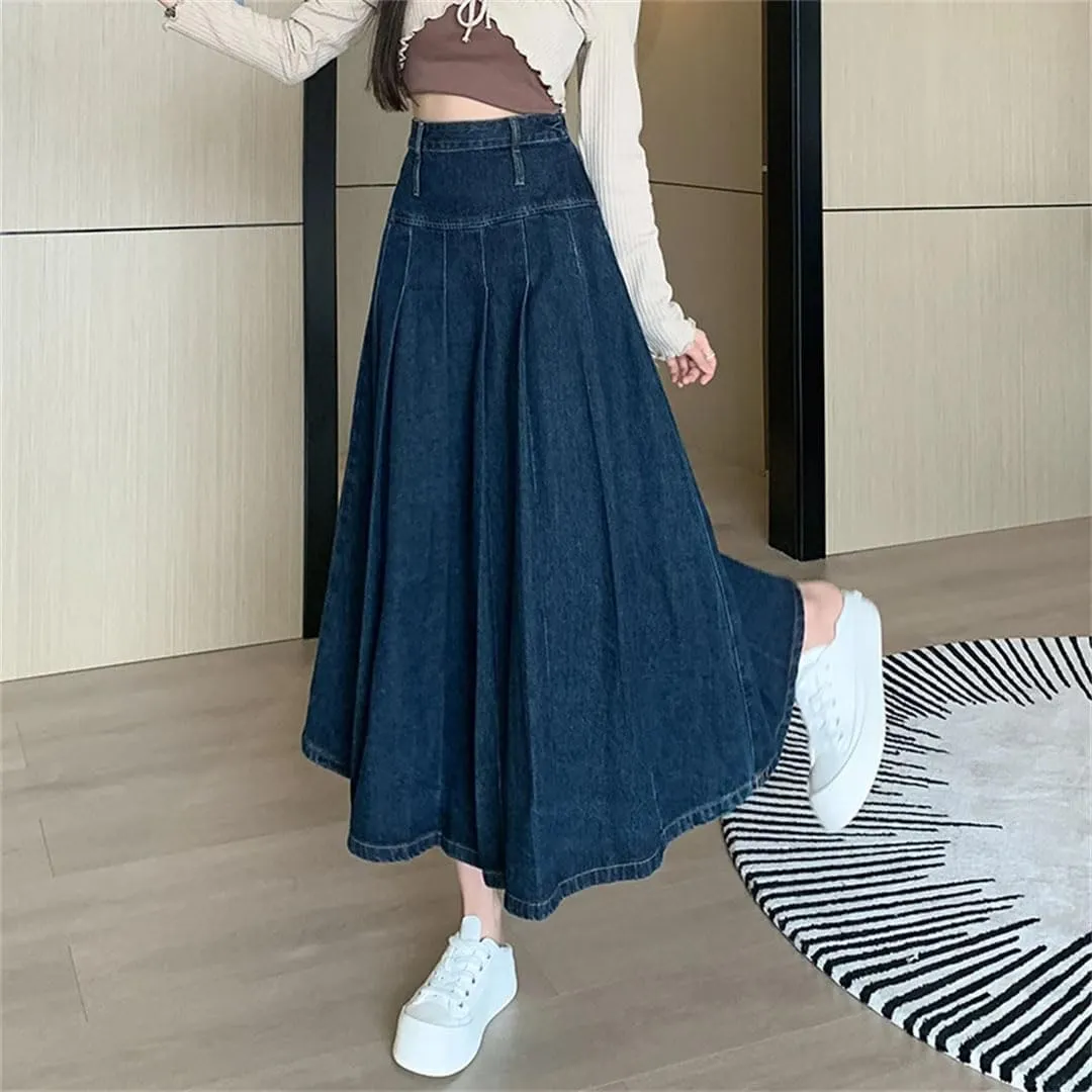 Women's Pleated Jeans Skirts High Waist A-LINE Long Loose Denim Midi Skirts